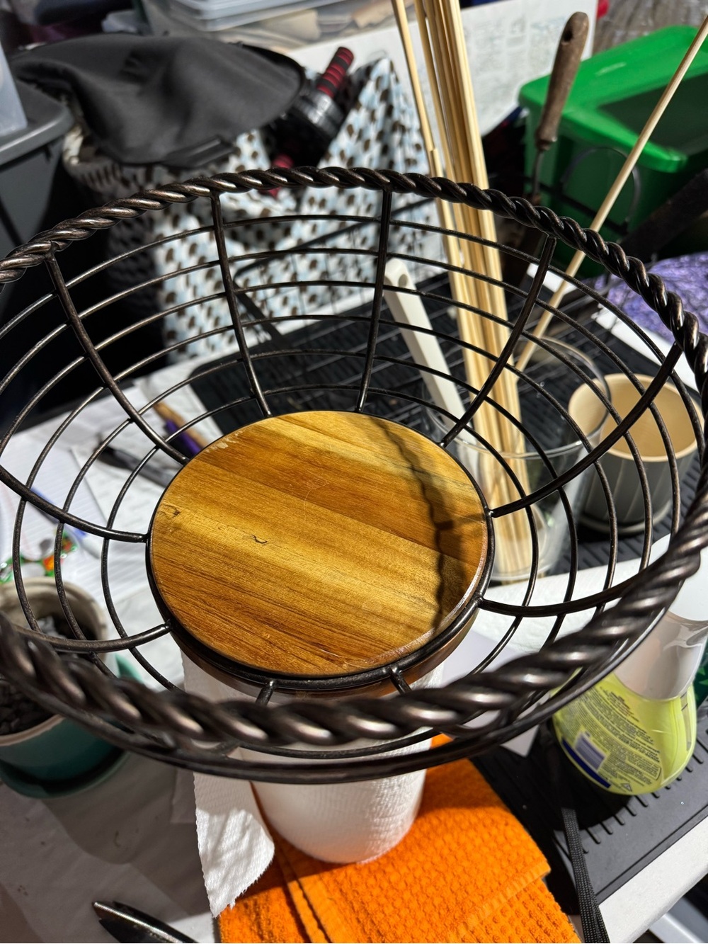 Metal Wire Bowl with Wooden Insert - Black & Natural Wood